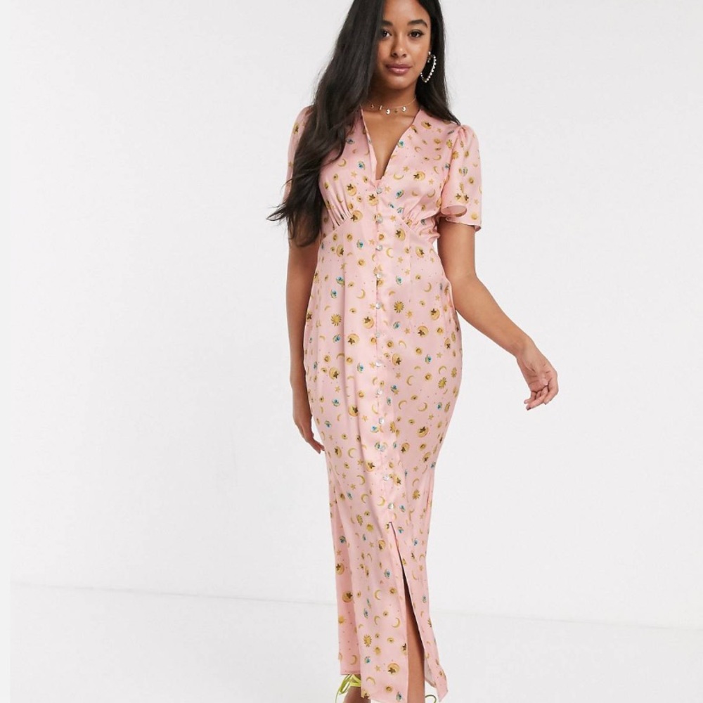 Never Fully Dressed Celestial Planet Blush Flutter Button Down Maxi Dress